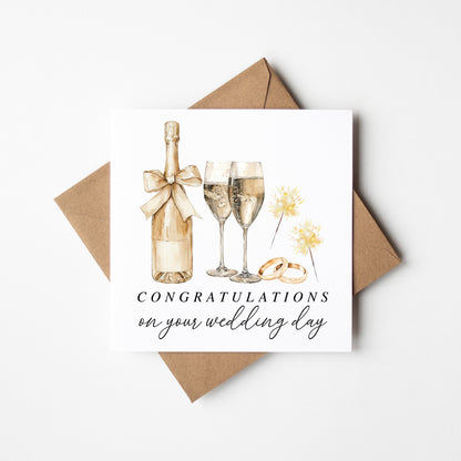Wedding Card, congratulations champagne, rings & sparklers elegant card with Kraft Envelope