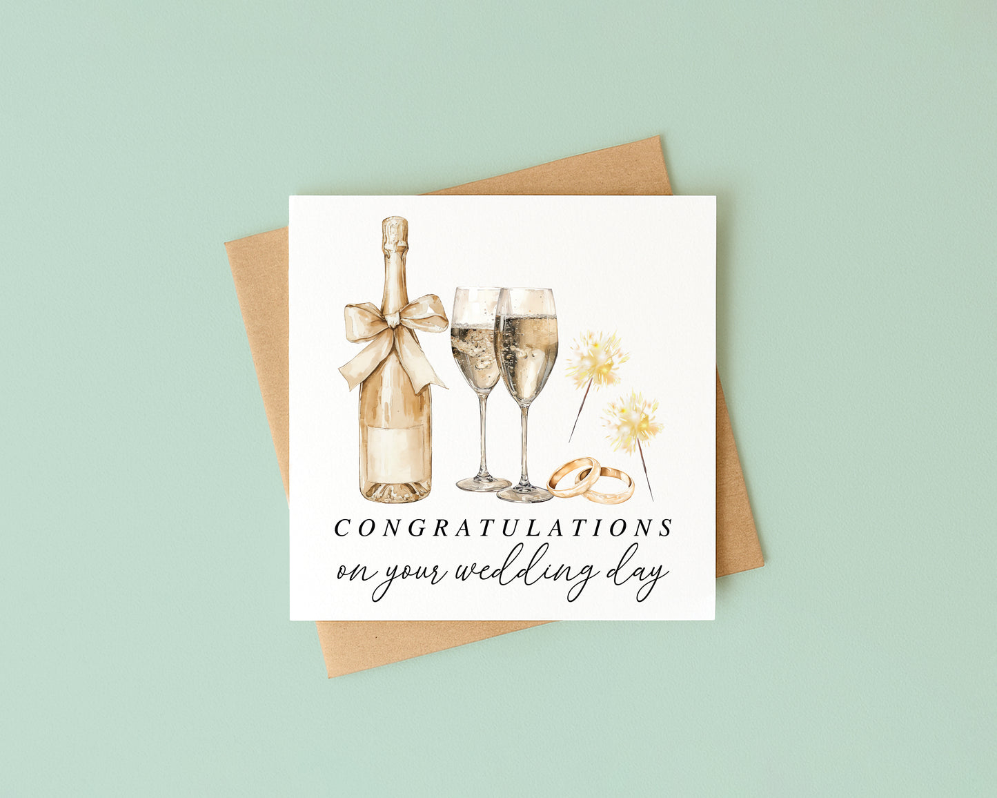 Wedding Card, congratulations champagne, rings & sparklers elegant card with Kraft Envelope