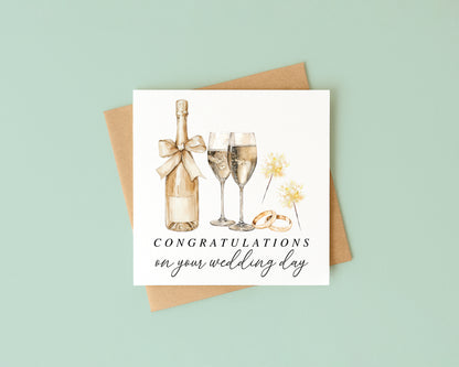 Wedding Card, congratulations champagne, rings & sparklers elegant card with Kraft Envelope