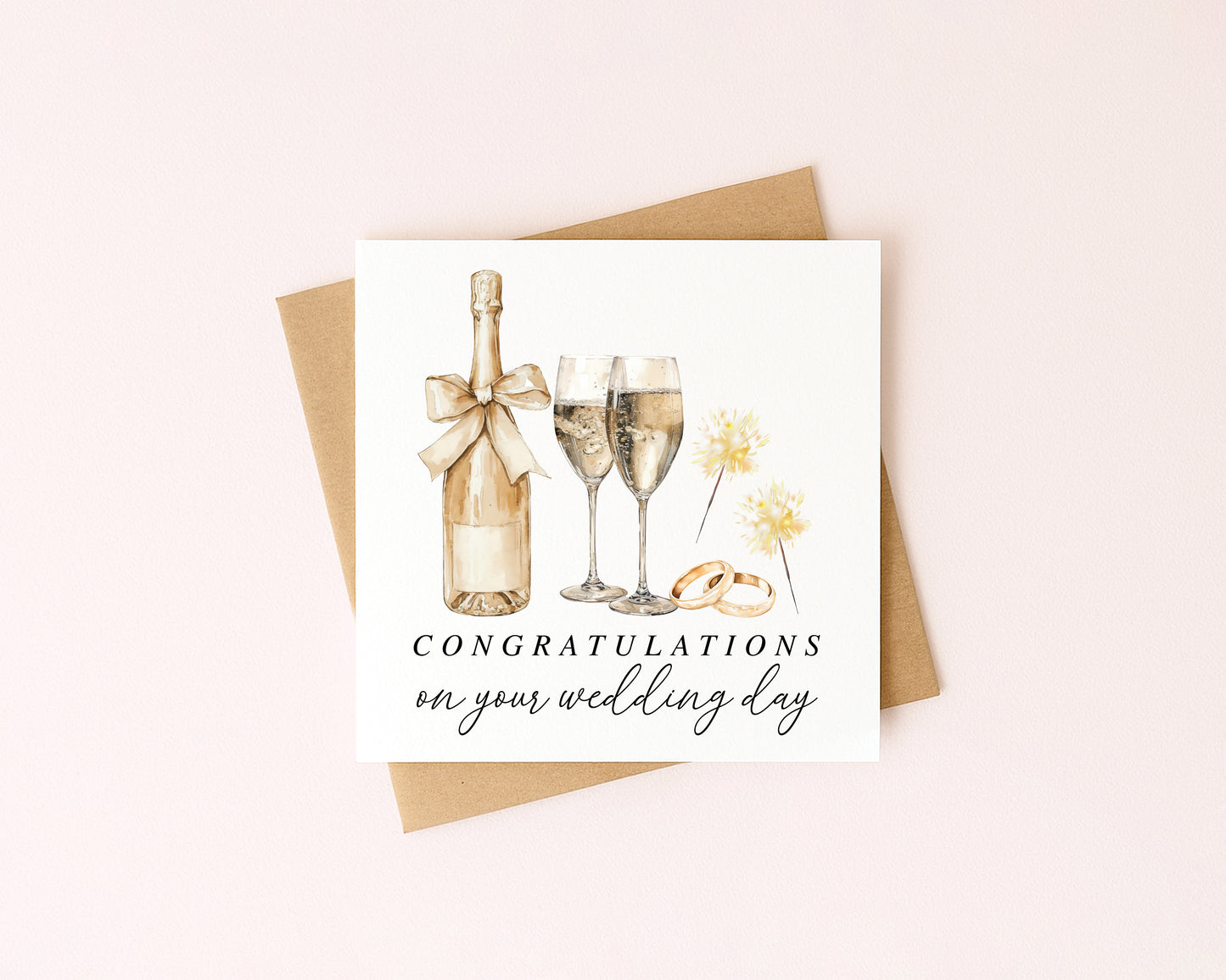 Wedding Card, congratulations champagne, rings & sparklers elegant card with Kraft Envelope