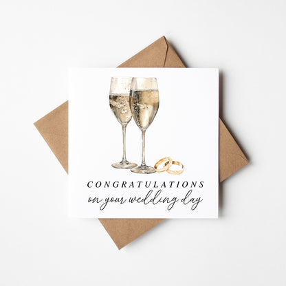Wedding Card, congratulations champagne & rings elegant card with Kraft Envelope