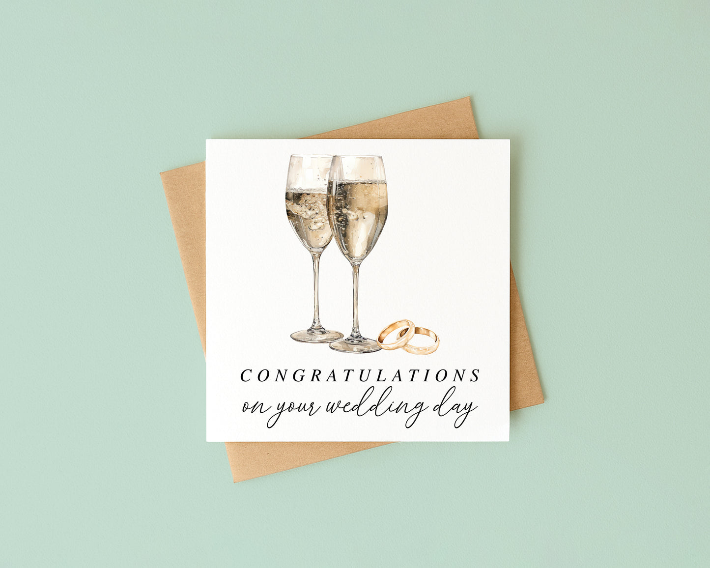 Wedding Card, congratulations champagne & rings elegant card with Kraft Envelope