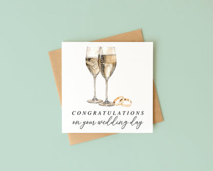 Wedding Card, congratulations champagne & rings elegant card with Kraft Envelope