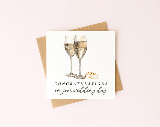 Wedding Card, congratulations champagne & rings elegant card with Kraft Envelope