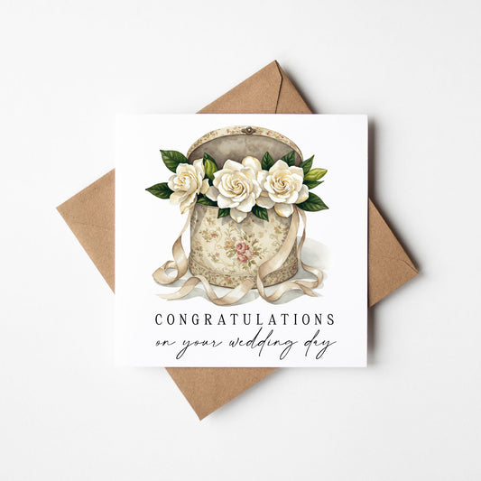 Congratulations Card, on your wedding day cream box of white Roses with Kraft Envelope