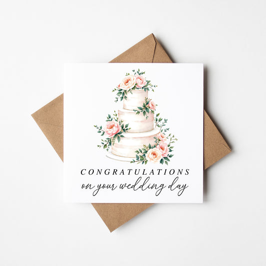 Wedding Card, congratulations pink white floral cake card with Kraft Envelope