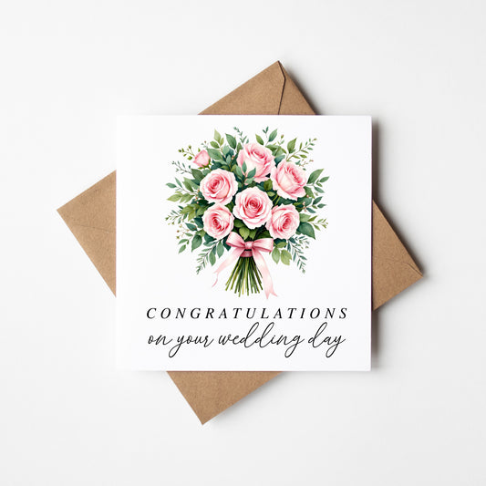 Wedding Card, congratulations bouquet pink Roses with Kraft Envelope