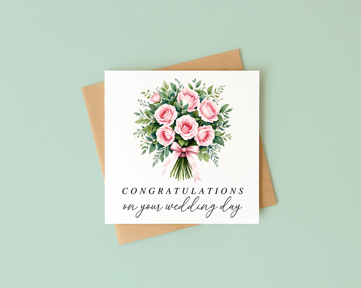 Wedding Card, congratulations bouquet pink Roses with Kraft Envelope