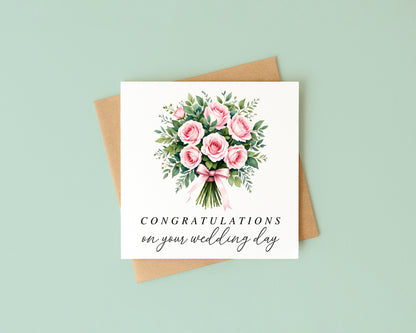 Wedding Card, congratulations bouquet pink Roses with Kraft Envelope