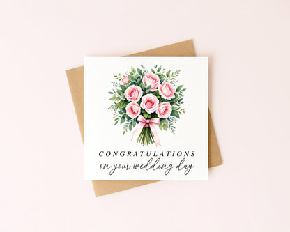 Wedding Card, congratulations bouquet pink Roses with Kraft Envelope