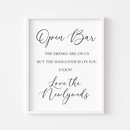 Open Bar Wedding Sign Alcohol Bar, Hangover Design love the newly weds (Unframed Print)