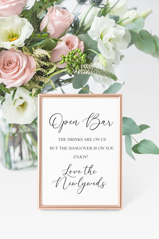 Open Bar Wedding Sign Alcohol Bar, Hangover Design love the newly weds (Unframed Print)