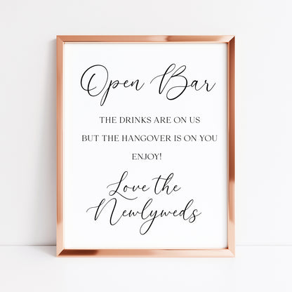 Open Bar Wedding Sign Alcohol Bar, Hangover Design love the newly weds (Unframed Print)