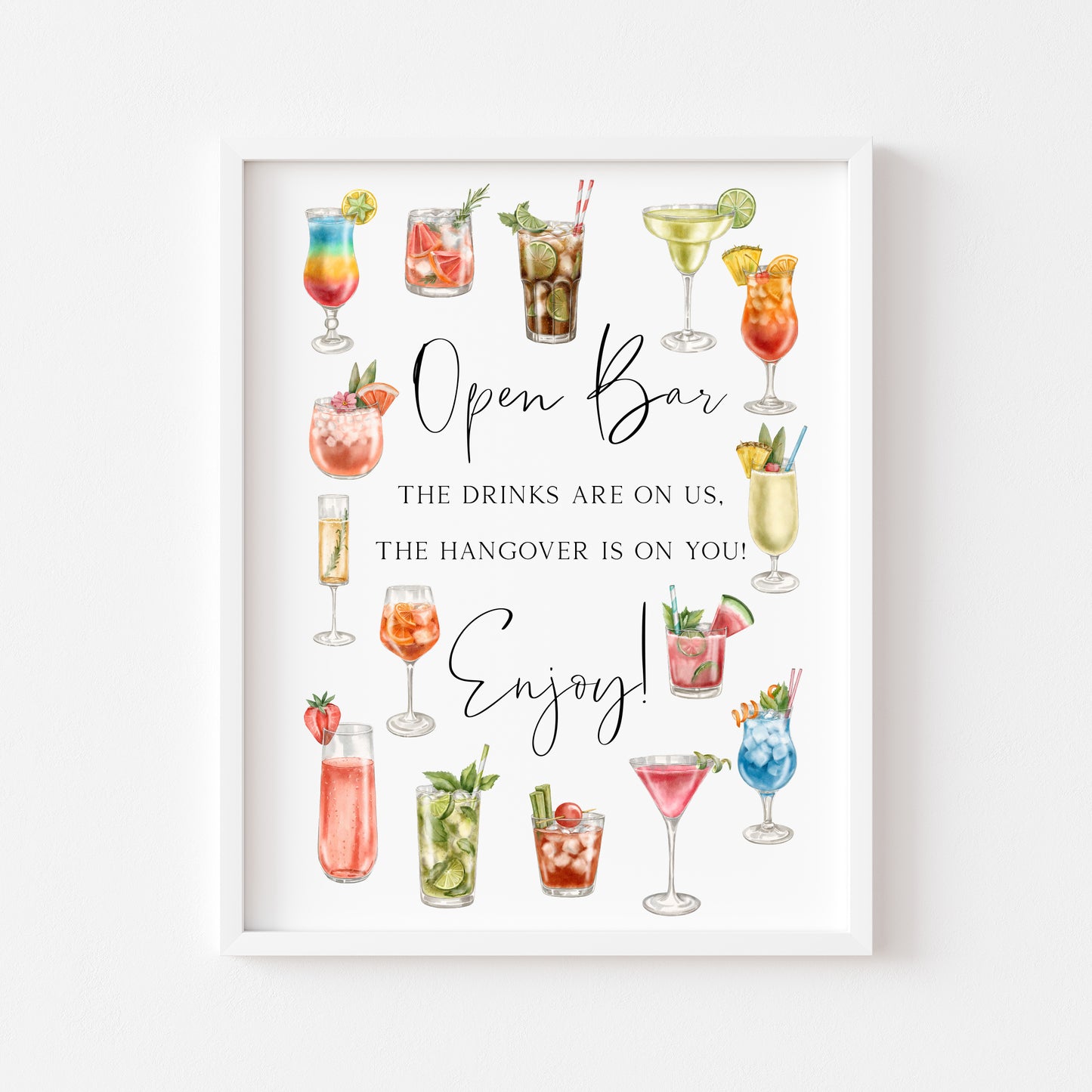 Wedding print Open bar, alcohol bar wedding drinks watercolour hangover wedding sign unframed wall art poster print