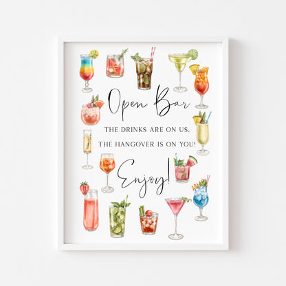 Wedding print Open bar, alcohol bar wedding drinks watercolour hangover wedding sign unframed wall art poster print