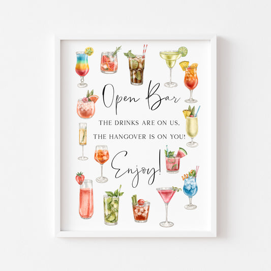 Wedding print Open bar, alcohol bar wedding drinks watercolour hangover wedding sign unframed wall art poster print