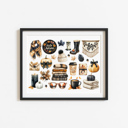 Autumn Favourites Black & Orange mood board art print Watercolour Seasonal Wall Art (unframed)