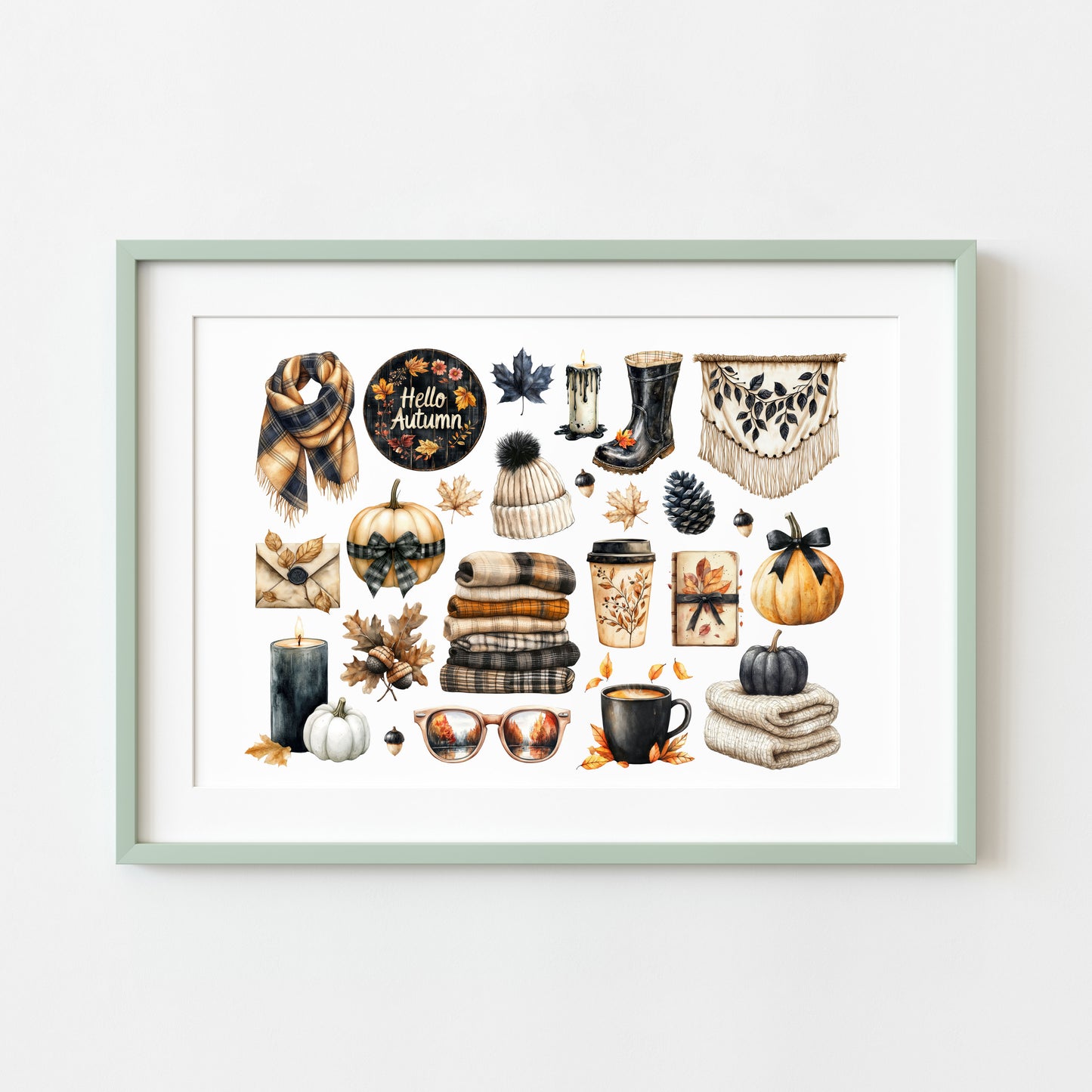 Autumn Favourites Black & Orange mood board art print Watercolour Seasonal Wall Art (unframed)