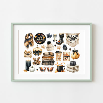 Autumn Favourites Black & Orange mood board art print Watercolour Seasonal Wall Art (unframed)