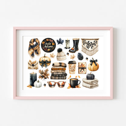 Autumn Favourites Black & Orange mood board art print Watercolour Seasonal Wall Art (unframed)