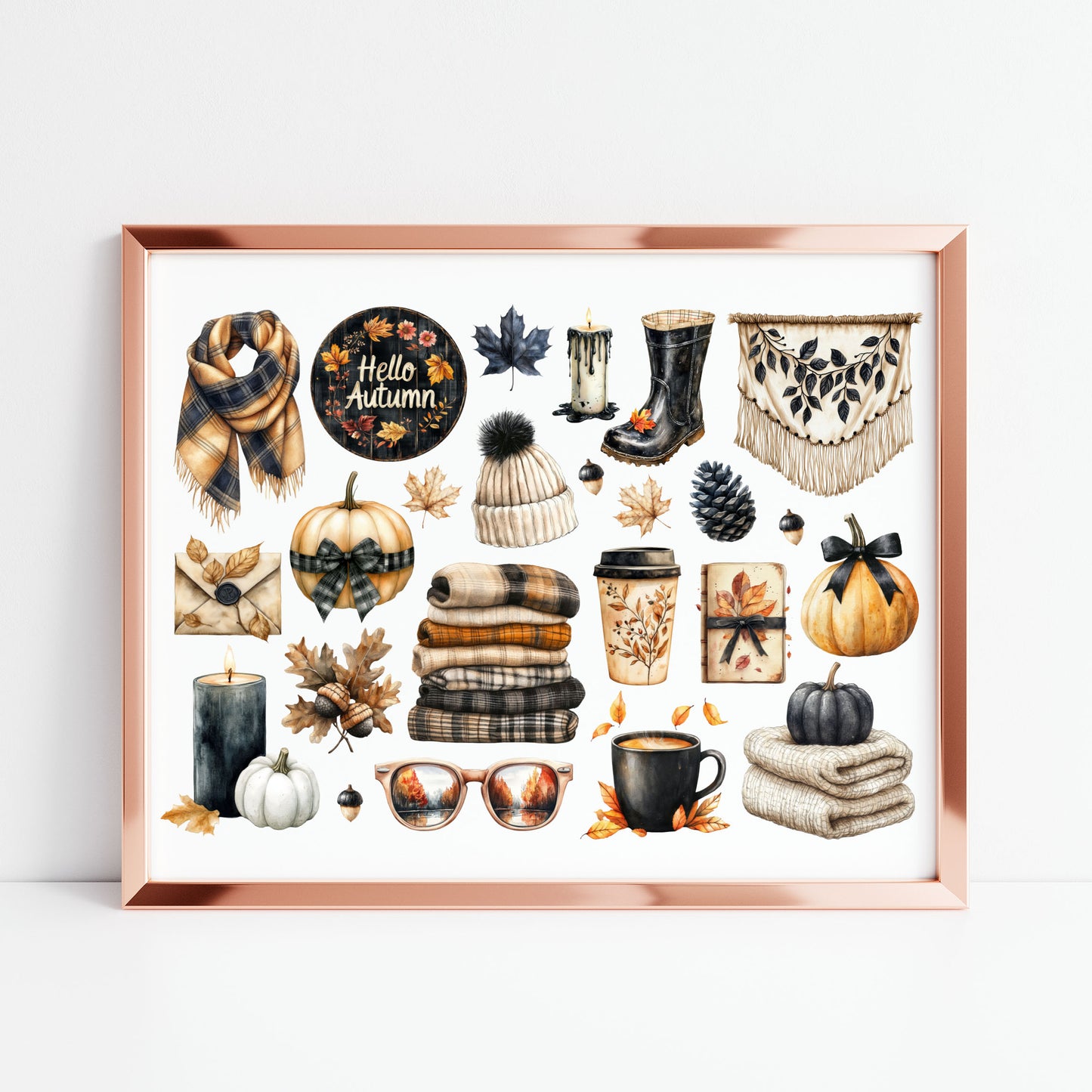 Autumn Favourites Black & Orange mood board art print Watercolour Seasonal Wall Art (unframed)