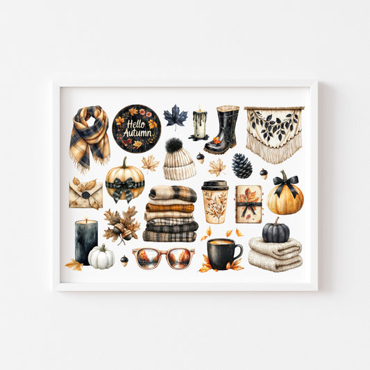 Autumn Favourites Black & Orange mood board art print Watercolour Seasonal Wall Art (unframed)