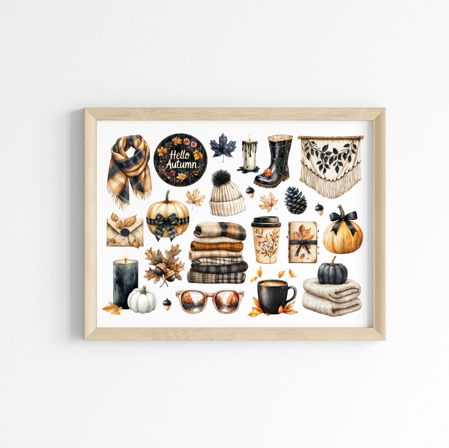 Autumn Favourites Black & Orange mood board art print Watercolour Seasonal Wall Art (unframed)