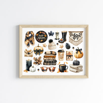 Autumn Favourites Black & Orange mood board art print Watercolour Seasonal Wall Art (unframed)