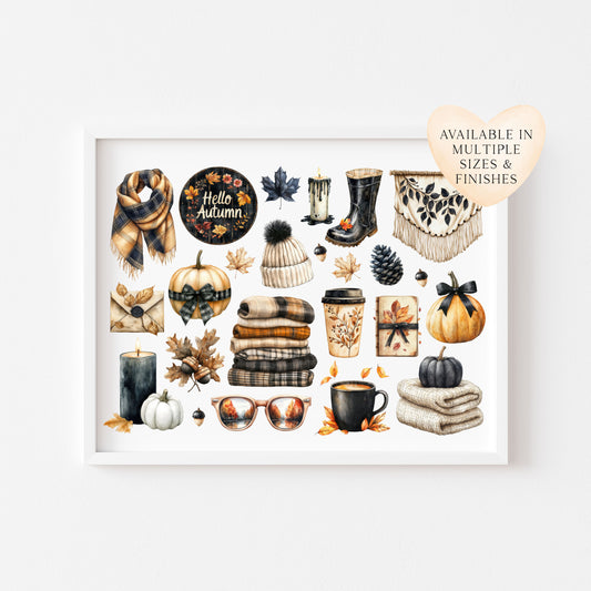 Autumn Favourites Black & Orange mood board art print Watercolour Seasonal Wall Art (unframed)