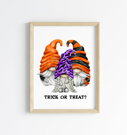 Trick or treat purple orange & black watercolour gonks gnomes spooky witch wizard halloween unframed wall art poster print