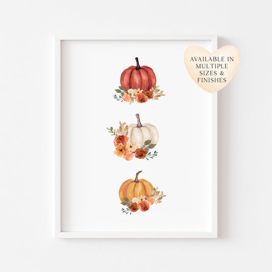 Autumn print, trio of red, orange & cream floral watercolour pumpkins illustration unframed wall art poster print