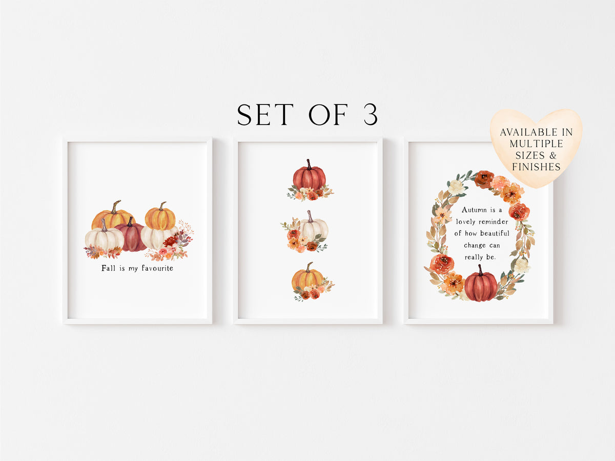 Set of 3 Autumn prints, red orange & cream watercolour pumpkin seasonal unframed wall art poster prints