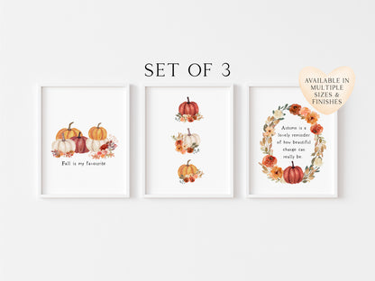 Set of 3 Autumn prints, red orange & cream watercolour pumpkin seasonal unframed wall art poster prints