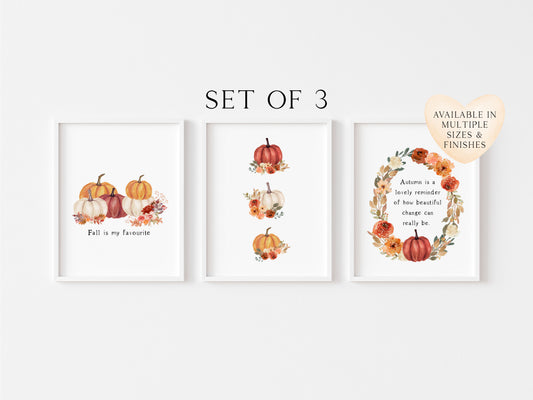 Set of 3 Autumn prints, red orange & cream watercolour pumpkin seasonal unframed wall art poster prints