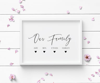 Our family personalised with names and hearts family home unframed wall art poster print