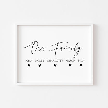 Our family personalised with names and hearts paw prints family home unframed wall art poster print