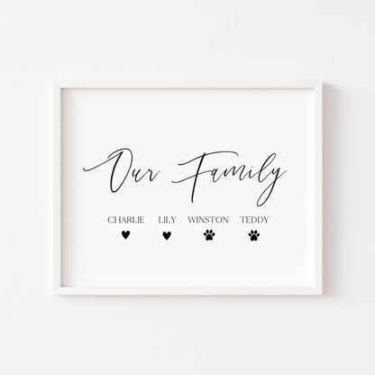 Our family personalised with names and hearts family home unframed wall art poster print