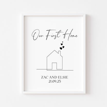 Personalised First / New Home Print New House line hearts Gift, Wall Art (unframed)
