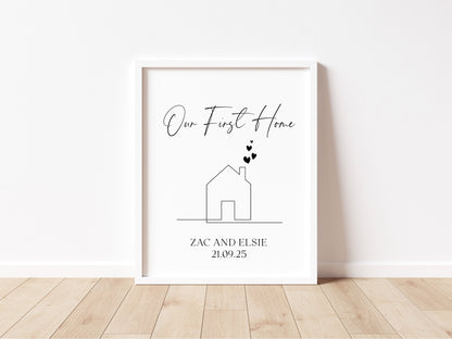 Personalised First / New Home Print New House line hearts Gift, Wall Art (unframed)