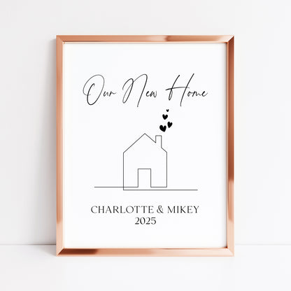 Personalised First / New Home Print New House line hearts Gift, Wall Art (unframed)