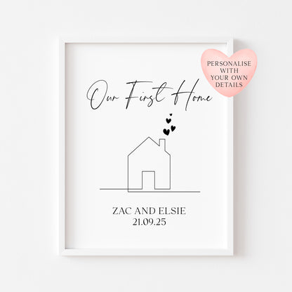 Personalised First / New Home Print New House line hearts Gift, Wall Art (unframed)