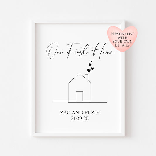 Personalised First / New Home Print New House line hearts Gift, Wall Art (unframed)