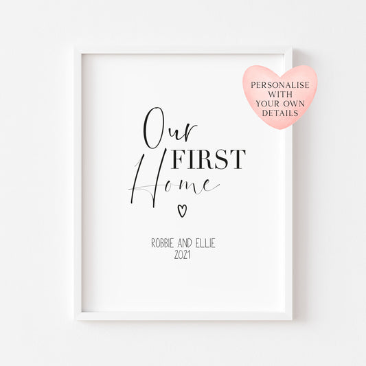 Our first home, house print, personalised with names and or dates couples wall art new home gift unframed poster print