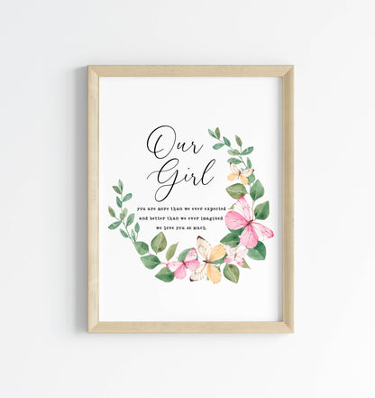 Our girl pink and green butterfly wreath, more than we expected quote unframed wall art poster print nursery decor, girls nursery prints
