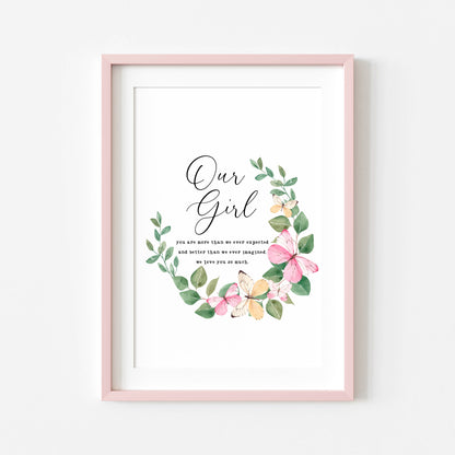 Our girl pink and green butterfly wreath, more than we expected quote unframed wall art poster print nursery decor, girls nursery prints
