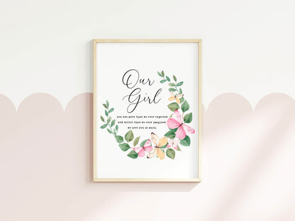 Our girl pink and green butterfly wreath, more than we expected quote unframed wall art poster print nursery decor, girls nursery prints