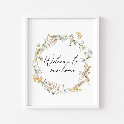Welcome to our home boho butterfly floral wreath home unframed wall art poster print