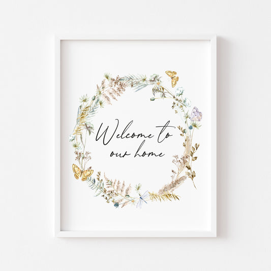 Welcome to our home boho butterfly floral wreath home unframed wall art poster print