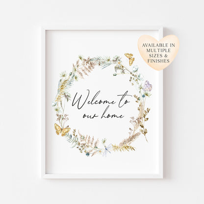 Welcome to our home boho butterfly floral wreath home unframed wall art poster print