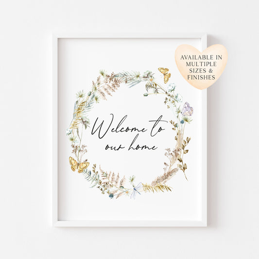 Welcome to our home boho butterfly floral wreath home unframed wall art poster print